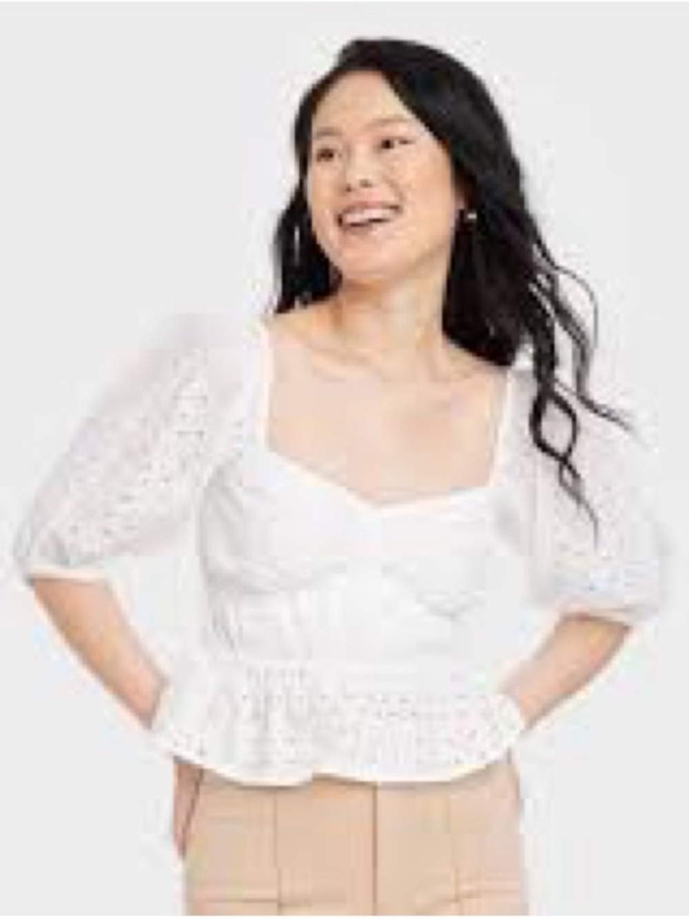 White Eyelet Puff-Sleeve Peplum Top - Women